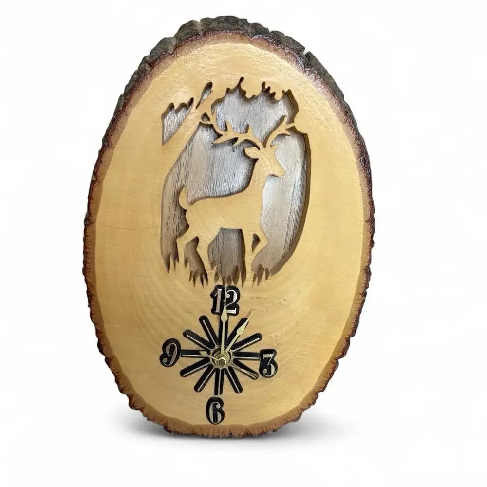 Vintage Hand Carved Wood Wall Clock Deer Forest Rustic Bark Edge Works